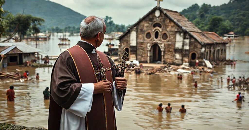 Pojedynczy duchowny w ornatach przed zniszczonym kościołem w Azji ze skutkami powodzi na tle.