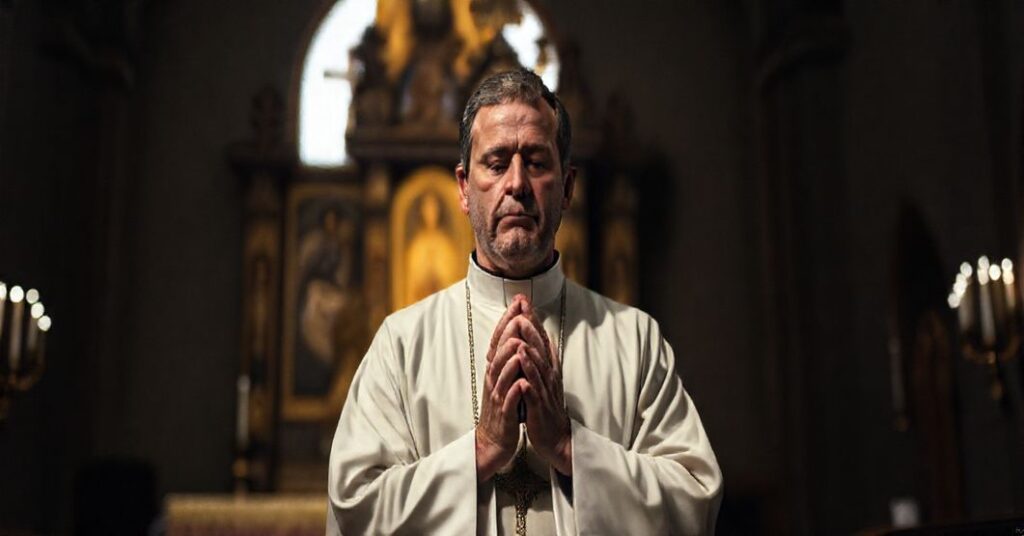 Tradycyjny katolicki duchowny w modlitwie przed ikonostasem w ciemnym wnętrzu cerkwi greckokatolickiej