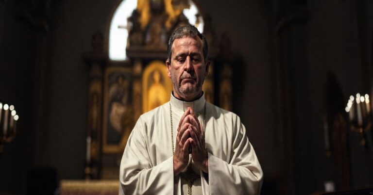 Tradycyjny katolicki duchowny w modlitwie przed ikonostasem w ciemnym wnętrzu cerkwi greckokatolickiej