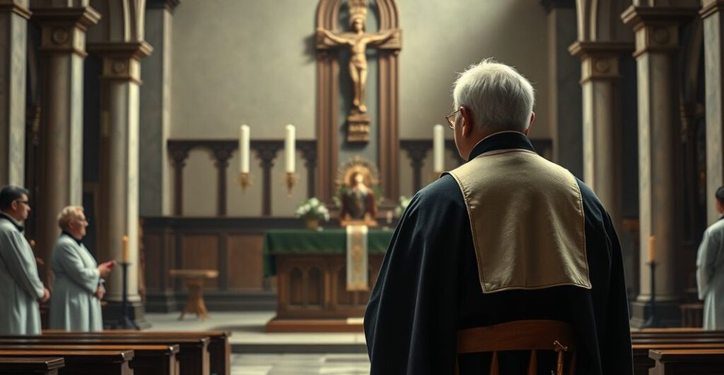 Duchown katolicki w tradycyjnym stroju modli się w kościele, oddając hołd prawdziwej liturgii, wyrazem głębokiej pobożności i szacunku dla sakramentów