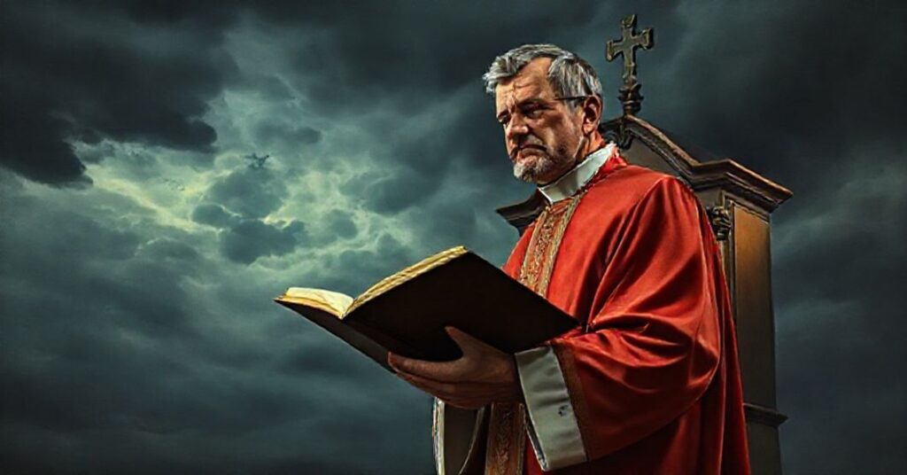 Scena kościelna przedstawiająca duchownego w tradycyjnych szata liturgicznych przed pustym tabernakulum. Na twarzy wyrażenie troski przy otwartym piśmie świętym na tle burzliwego nieba.