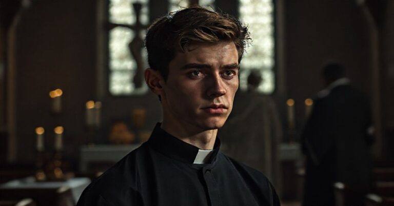 Zmieszany młodzieńca w sakrystii kościelnej z postacią duchownego w tle