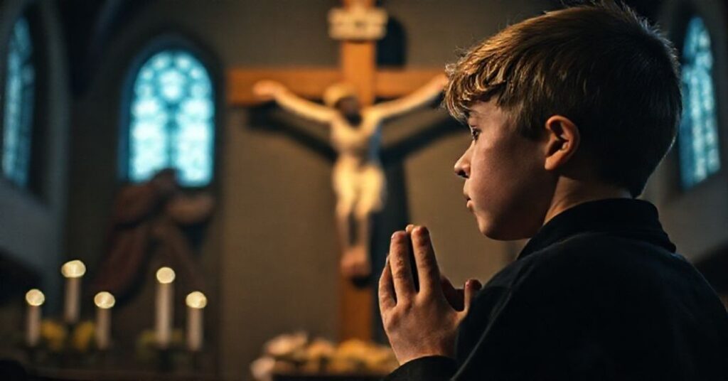 Młody człowiek w modlitwie przed krzyżem z blaknącym obrazem świętego Franciszka w tle, symbolizujący konflikt między fałszywą duchowością naturalistyczną a prawdziwym katolickim kultem Boga.