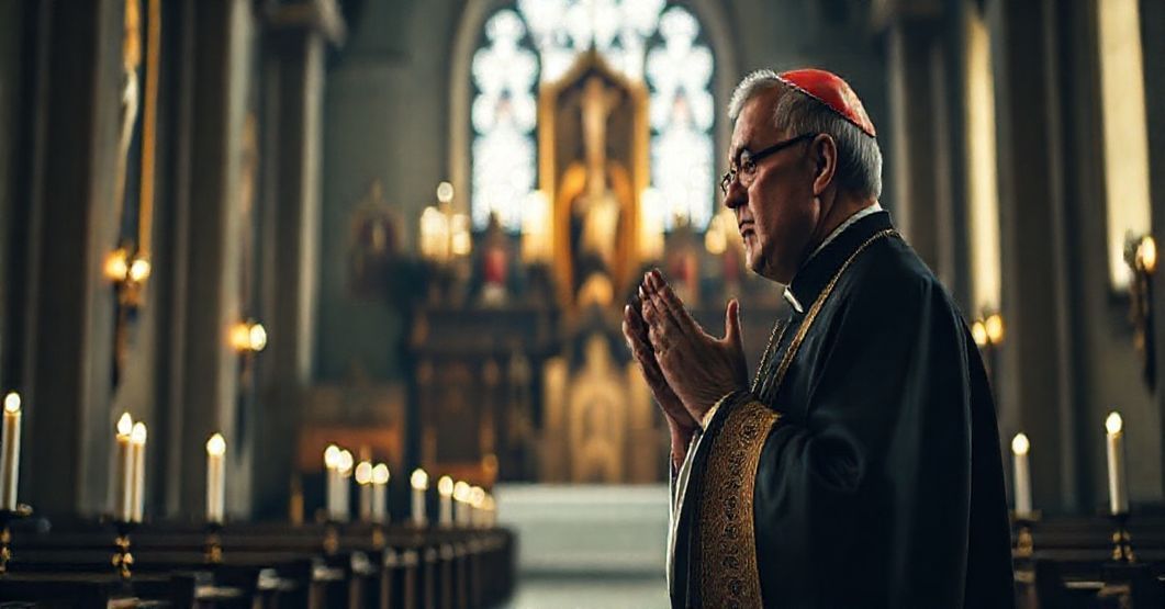 Biskup katolicki w tradycyjnych szatach modlitwy w świątyni z ikonami i krzyżami, symbolizujący duchowy kryzys Rosji i odrzucenie Chrystusa Króla.