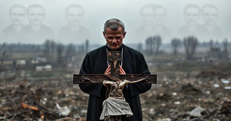 Tradycyjny ksiądz katolicki modlący się przed zrujnowanym krajobrazem ukraińskim, symbolizujący duchowy kryzys na Ukrainie.