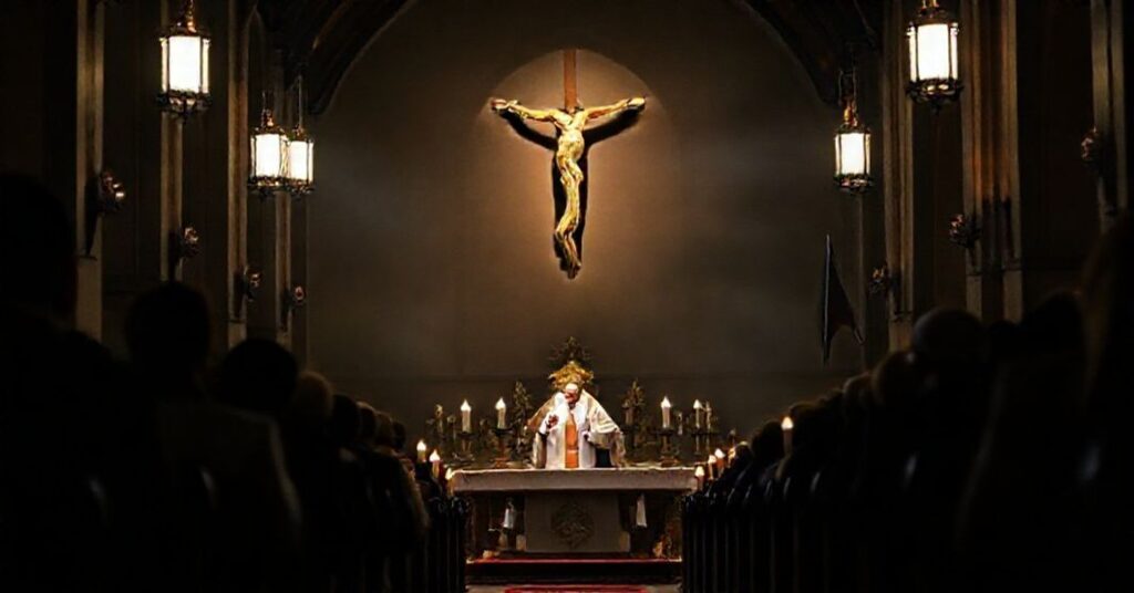 Tradycyjna msza w kościele z kapłanem pod krzyżem, symbolizująca duchowy kryzys i potrzebę przywrócenia panowania Chrystusa