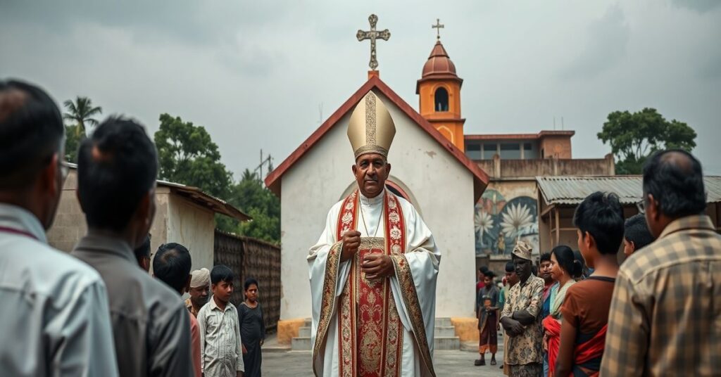 Obraz przedstawiający duchowego kryzys w Bangladeszu z tradycyjnym biskupem w liturgicznych szatach przed kościołem wśród biednych ludzi.
