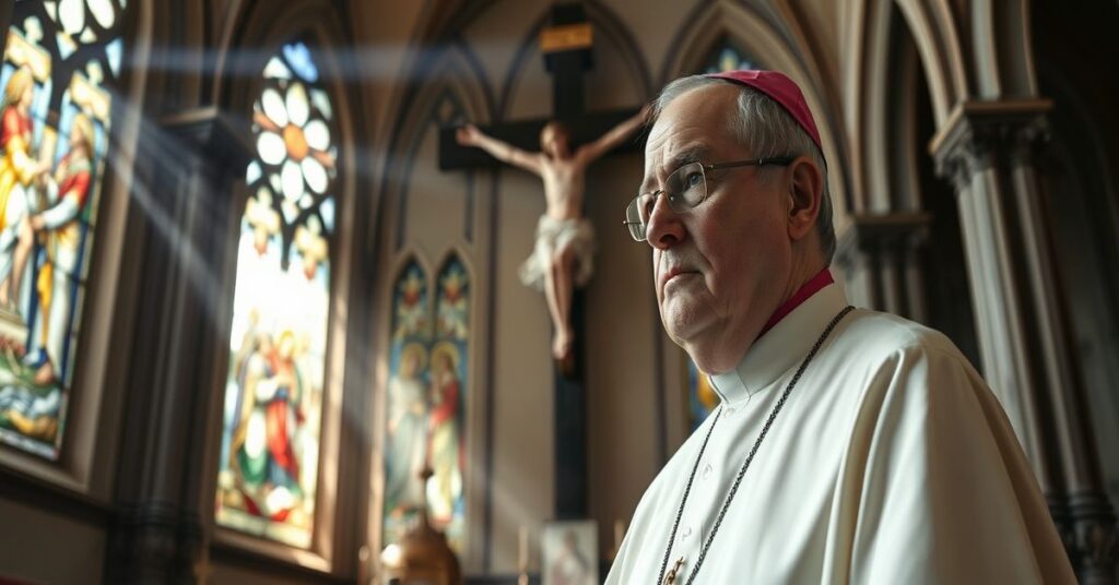 Biskup w tradycyjnych szatach liturgicznych stojący przed krucyfiksem w historycznej polskiej kościele, symbolizujący duchową kryzys w współczesnym Kościele