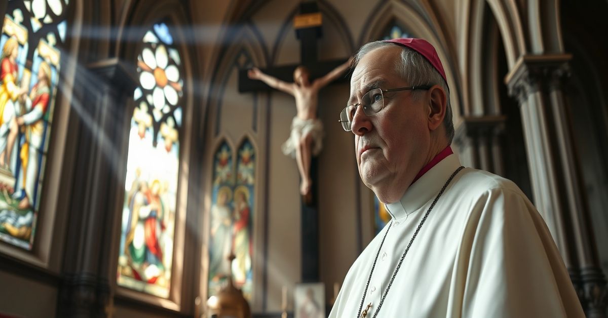 Biskup w tradycyjnych szatach liturgicznych stojący przed krucyfiksem w historycznej polskiej kościele, symbolizujący duchową kryzys w współczesnym Kościele