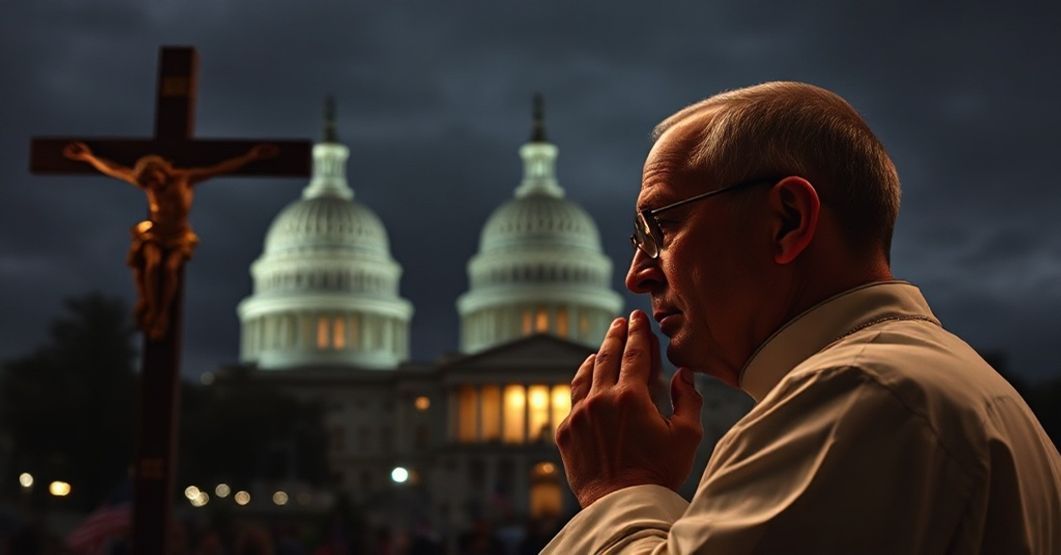 Tradycyjny katolicki kapłan w modlitwie przed krucyfiksem na tle Kapitolu w USA, symbolizując duchowy kryzys władzy i potrzebę powrotu Chrystusa Krola