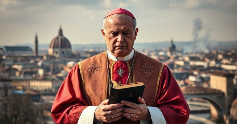 Sobór katolicki w stroju liturgicznym przed miejskim krajobrazem, wyrażający smutek i troskę z powodu duchowego upadku Zachodu