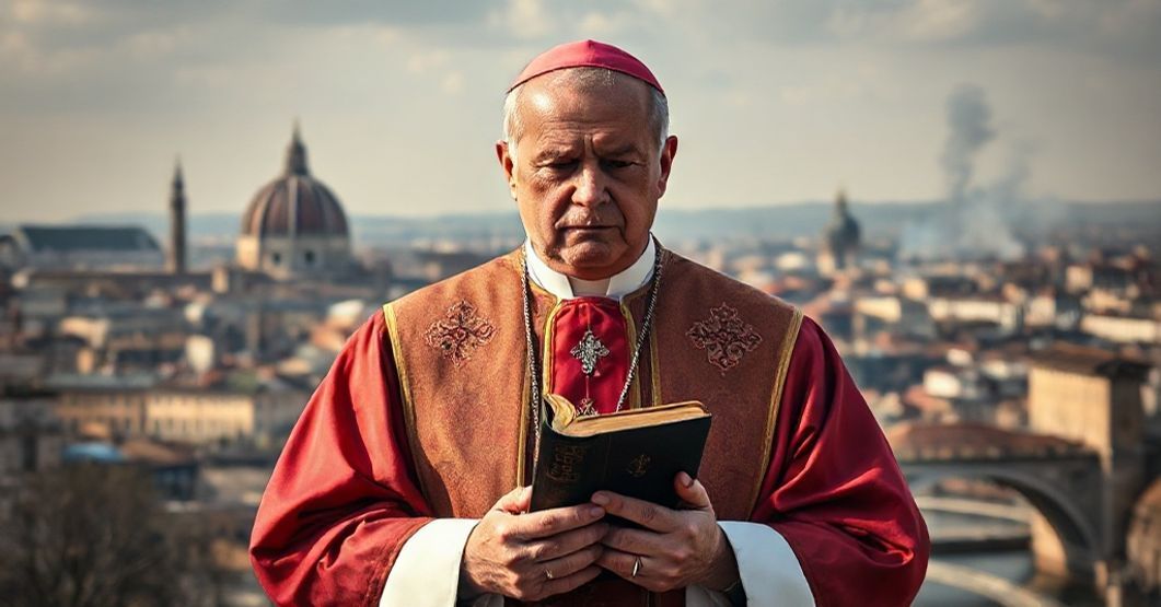 Sobór katolicki w stroju liturgicznym przed miejskim krajobrazem, wyrażający smutek i troskę z powodu duchowego upadku Zachodu