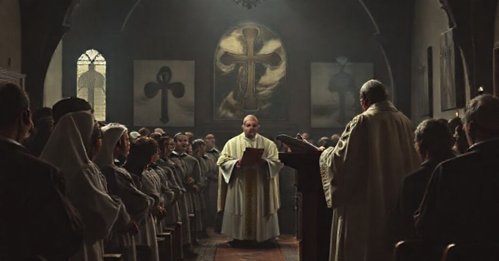 Scena w tradycyjnym kościele katolickim przedstawiająca grupę konsekrowanych słuchających modernistycznego 'papieża' głoszącego fałszywe nauki. Atmosfera jest ponura, podkreślająca duchowy nihilizm pod pozorem pobożności.