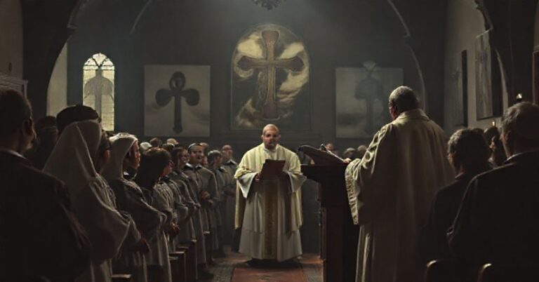 Scena w tradycyjnym kościele katolickim przedstawiająca grupę konsekrowanych słuchających modernistycznego 'papieża' głoszącego fałszywe nauki. Atmosfera jest ponura, podkreślająca duchowy nihilizm pod pozorem pobożności.