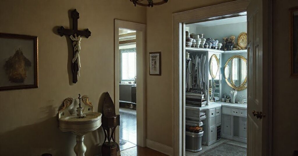 Tradycyjny katolicki przedpokój z krucyfiksem i kropielnicą w porównaniu z nowoczesną szafą wypełnioną lustrami i puste dekoracjami. Kontrast między duchowym porządkiem a materialistycznym zamieszaniem.