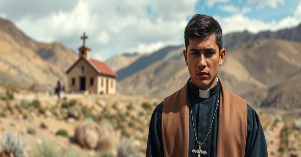 Młody ksiądz Erlin Pérez Vásquez stoi w Andach peruwiańskich, symbolizując duchowy upadek modernistycznej sekty.