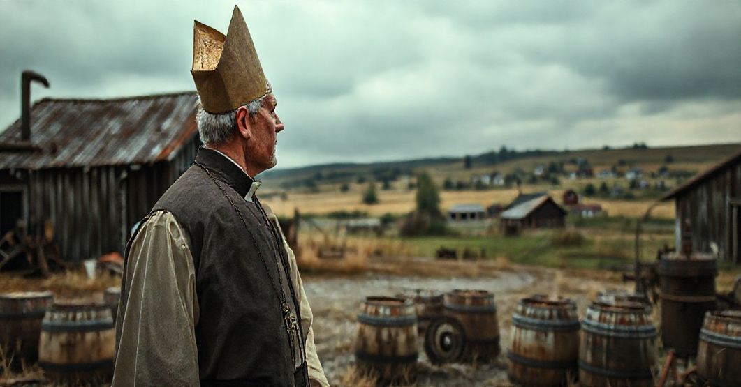 Tradycyjny ksiądz katolicki stoi przed ruинowym zakładem bimbrowym na wsi, symbolizującym duchowy upadek społeczeństwa.