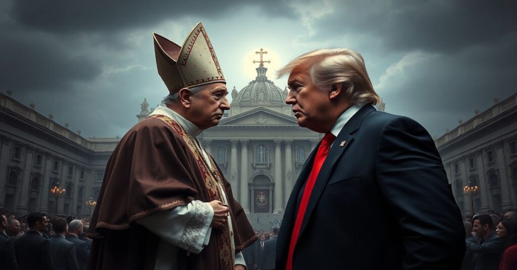 Zdjęcie przedstawiające konflikt między Robertem Barronem a Donaldem Trumpem na tle fałszywego papieża Leo XIV, symbolizujące upadek duchowy Kościoła po Soborze Watanabe.