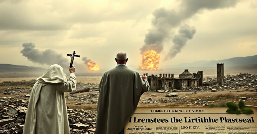 Ksiądz w tradycyjnym ornaty przed zniszczonym kościołem, trzymający krucyfiks, patrząc na zburzone miasto z dymem i pożarami na tle. Scena symbolizuje upadek duchowy narodów i brak Chrystusa Króla w świecie.