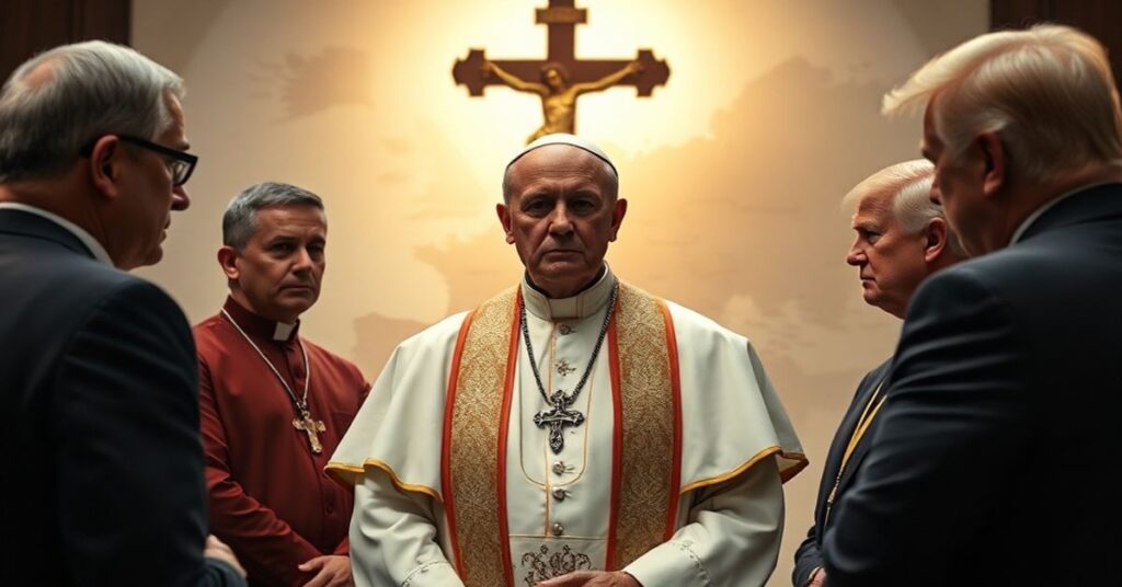 Biskup w tradycyjnych szatach stojący przed mapą Grenlandii otoczony światowymi przywódcami w trakcie napiętej negocjacji - symbolizuje duchowy wymiar konfliktu geopolitycznego.