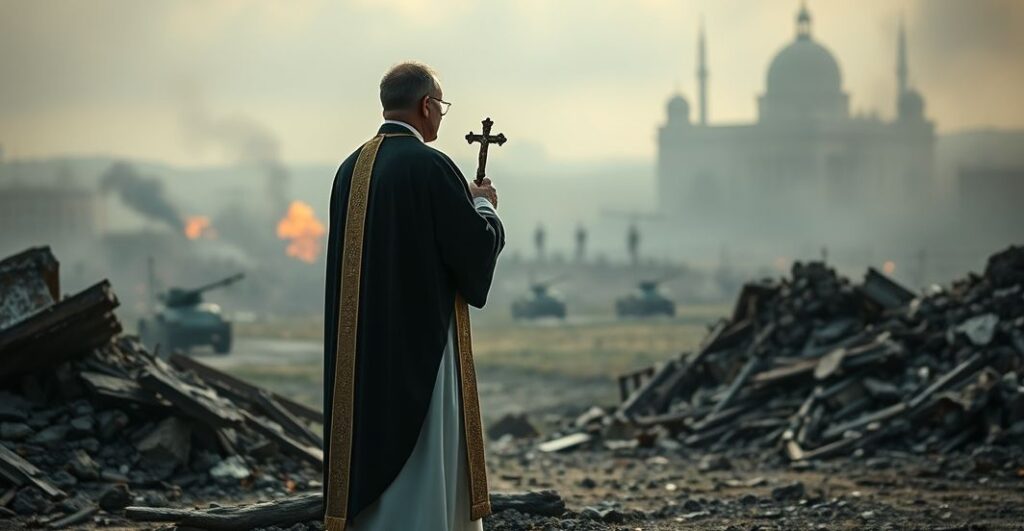 Ksiądz w tradycyjnych szatach liturgicznych stoi na tle zniszczeń wojennych, trzymając krzyż, symbolizujący duchowy wymiar konfliktu.