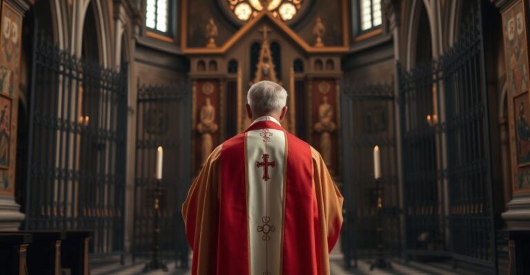 Ksiądz katolicki w tradycyjnym stroju przed ołtarzem z zamkniętymi granicami, symbolizujący duchowy kryzys i odwrócenie od Chrystusa w polityce narodowej