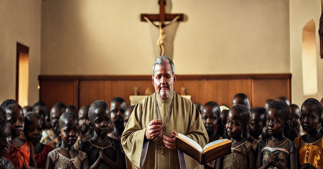 Tradycyjny wnętrze kościoła katolickiego z księdzem w sutannie przed grupą sierot afrykańskich. Symbolizuje to najwyższy cel zbawienia nad światowym humanitaryzmem.