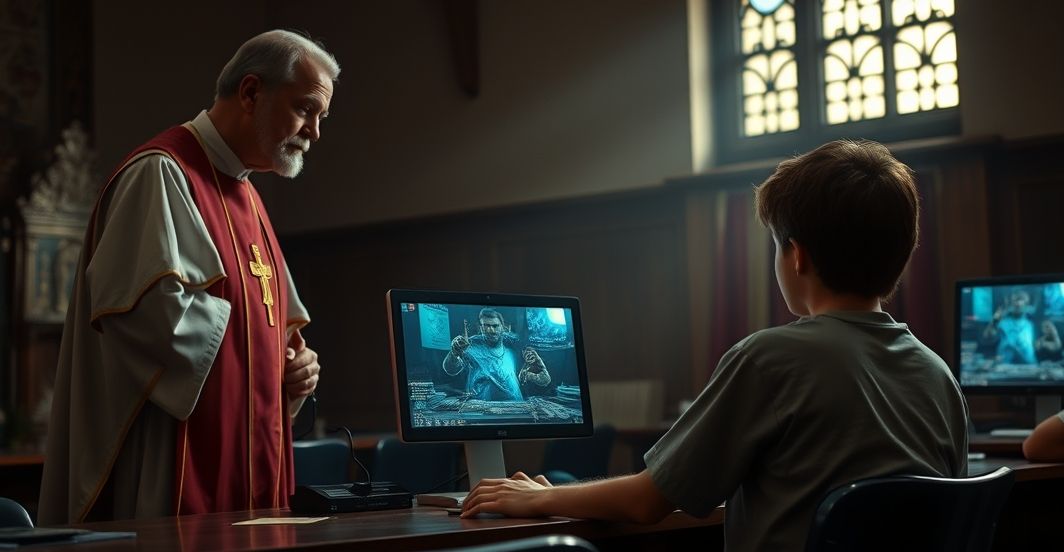 Katolicki ksiądz obserwujący młodzieńca grającego na komputerze, symbolizujący duchowe zagrożenie nowych technologii w szkołach