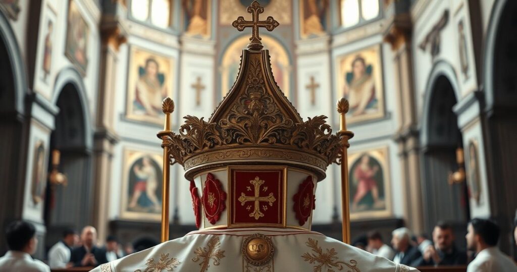 Kapłan modlący się przed ołtarzem w tradycyjnej katolickiej świątyni, wywołujący pokorę i duchową refleksję
