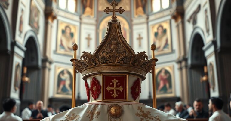 Kapłan modlący się przed ołtarzem w tradycyjnej katolickiej świątyni, wywołujący pokorę i duchową refleksję