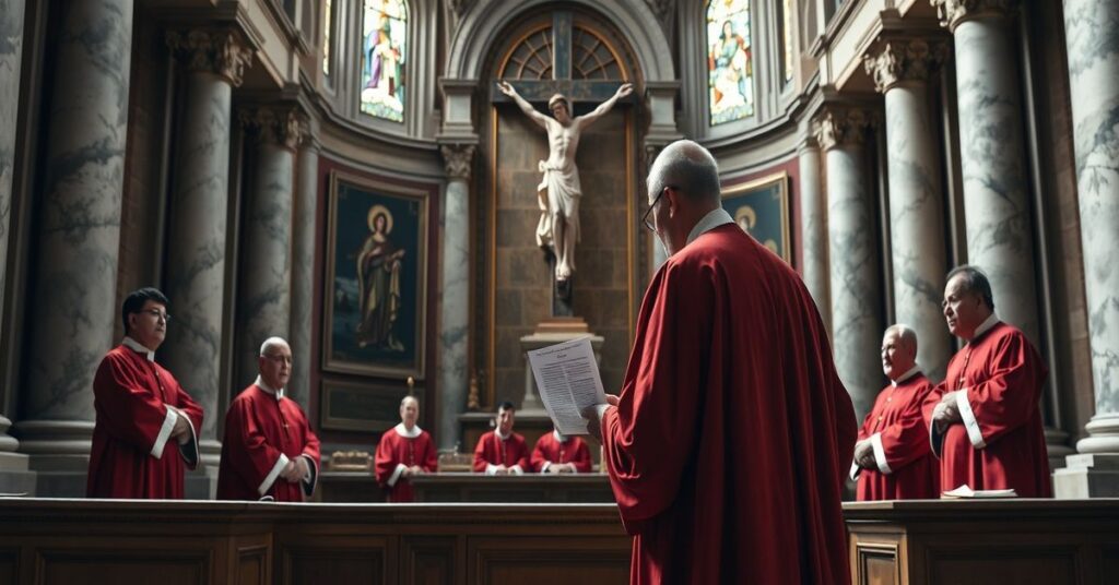 Uroczysty wnętrze kościoła z ks. Krzysztofem Cisekiem przed sądem duchownym dyskutującym o herezji i grzechach w kontekście modernistycznej biurokracji kościelnej