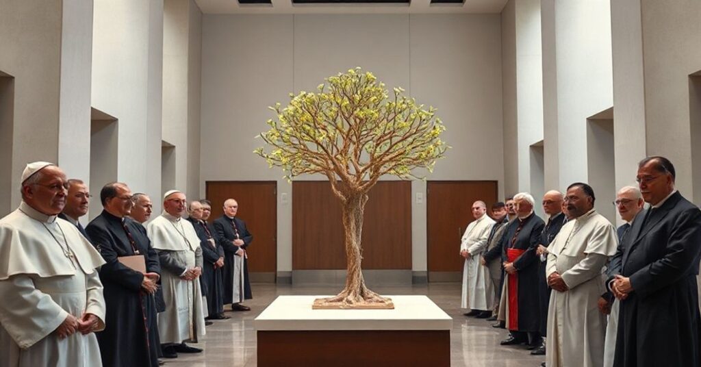 Wnętrze Dykasterii ds. Integralnego Rozwoju Człowieka podczas wizyty "Papieża" Leona XIV z instalacją "Drzewo Godności Ludzkiej"