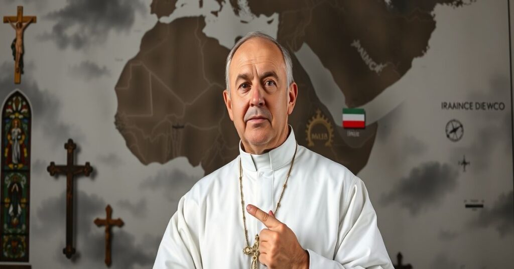 Policjant w tradycyjnym stroju katolickim stojący przed mapą Afryki z Sahelu na tle symboli katolickich i ciemnych chmur.