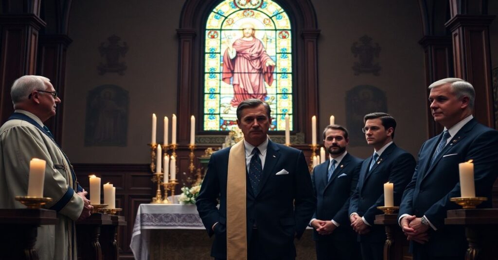 Grupa mężczyzn w tradycyjnym kościele katolickim przed ołtarzem z obrazem Chrystusa Króla