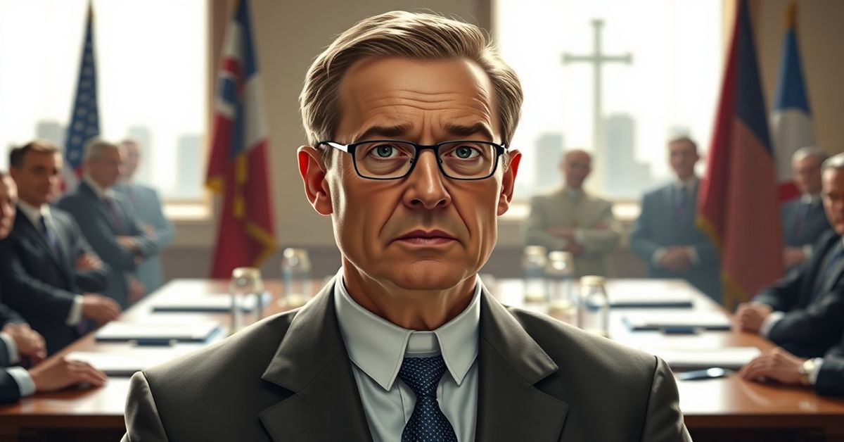 Zdjęcie przedstawia słuchania Alexandra Johna Paula Lutza przed Komisją Helsińską w 2026 roku. Scena jest realistyczna i poważna, ukazująca kontrast między świecką dyplomacją a prawdziwą katolicką nauką.