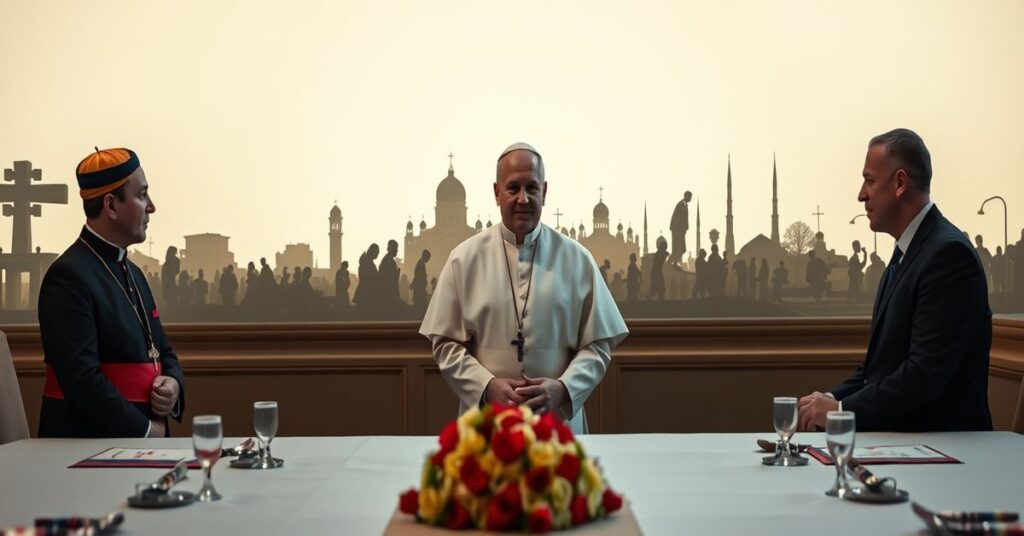 Portret prezydenta Wołodymyra Zełenskiego w tradycyjnym katolickim stylu przed stołem negocjacyjnym w Abu Zabi z amerykańskimi i rosyjskimi dyplomatami, z tłem zniszczonych kościołów i cierpiących cywilów.