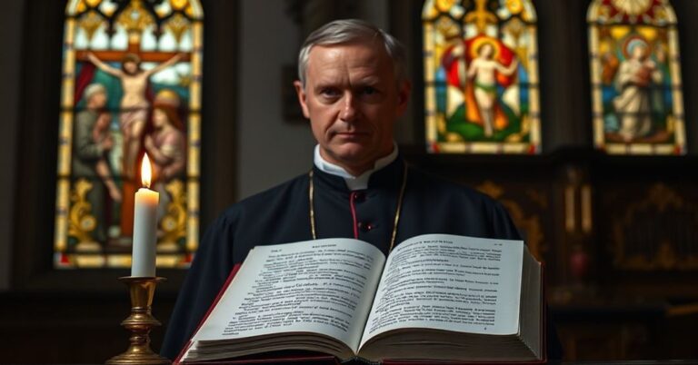 Ksiądz w tradycyjnym stroju stojący w ciemnej kaplicy z książką Tomasza Stawiszyńskiego na ołtarzu, tło przedstawiające ukrzyżowanie.