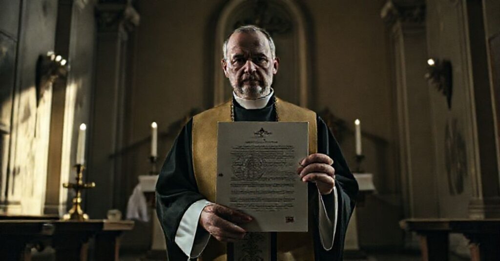 Wizerunek kapłana w tradycyjnych szatach liturgicznych trzymającego dokument z pieczęcią "biskupa" Krzysztofa Włodarczyka w ciemnym kościele barokowym.