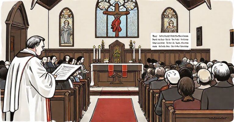 Wierni modlący się w tradycyjnym kościele podczas piątkowej mszy, podczas gdy "biskup" Jan Piotrowski ogłasza dyspensę od abstynencji w dniu św. Szczepana.