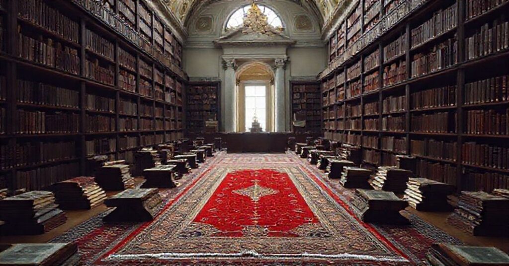 Widok Bibliotece Watykańskiej z dywanem do modlitwy muzułmańskiej otoczonym starymi Koranami. Scena przepełniona jest subtelnym światłem, podkreślającym kontrast między katolickim świętym miejscem a obecnością fałszywego kultu.