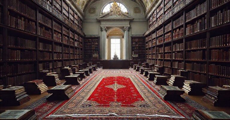 Widok Bibliotece Watykańskiej z dywanem do modlitwy muzułmańskiej otoczonym starymi Koranami. Scena przepełniona jest subtelnym światłem, podkreślającym kontrast między katolickim świętym miejscem a obecnością fałszywego kultu.