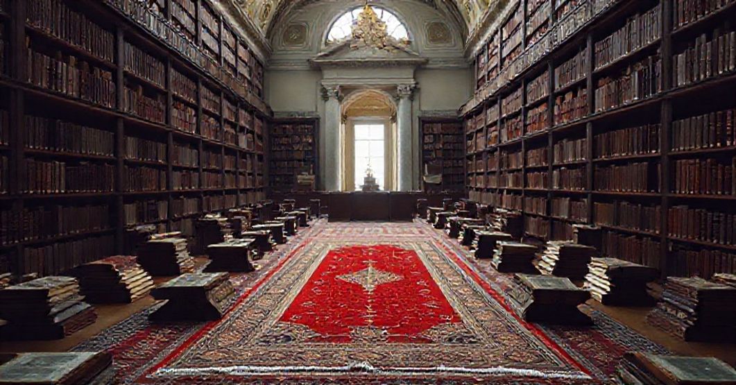 Widok Bibliotece Watykańskiej z dywanem do modlitwy muzułmańskiej otoczonym starymi Koranami. Scena przepełniona jest subtelnym światłem, podkreślającym kontrast między katolickim świętym miejscem a obecnością fałszywego kultu.