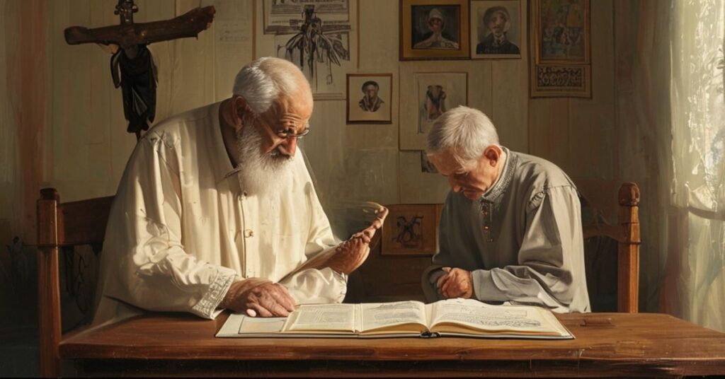 Starzec modli się z wnukiem w domu przed katechizmem i krzyżem, symbolizując prawdziwą rolę dziadków jako strażników wiary