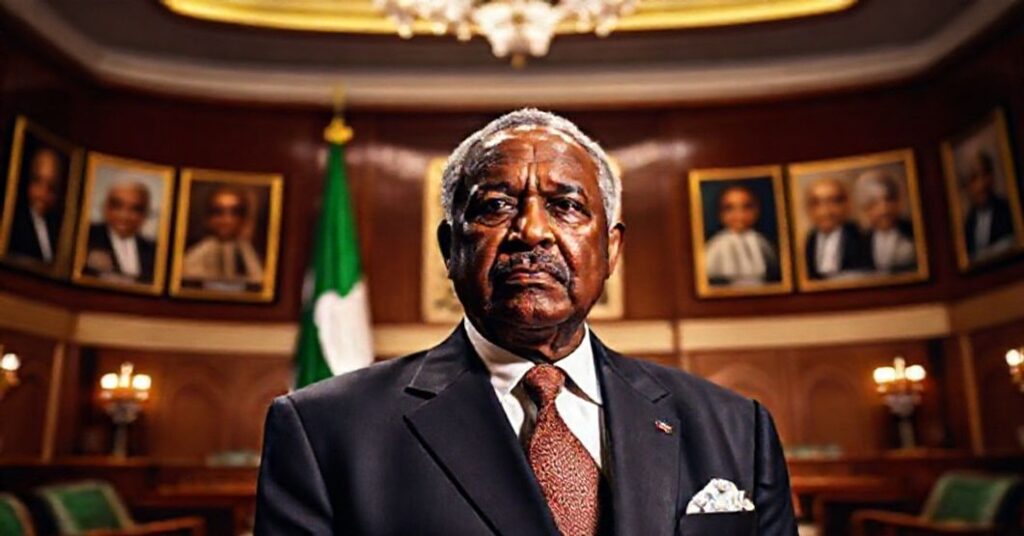 Portret prezydenta Ismaila Omara Guelleha w pomieszczeniu rządowym z flagą i dokumentami konstytucyjnymi na tle.