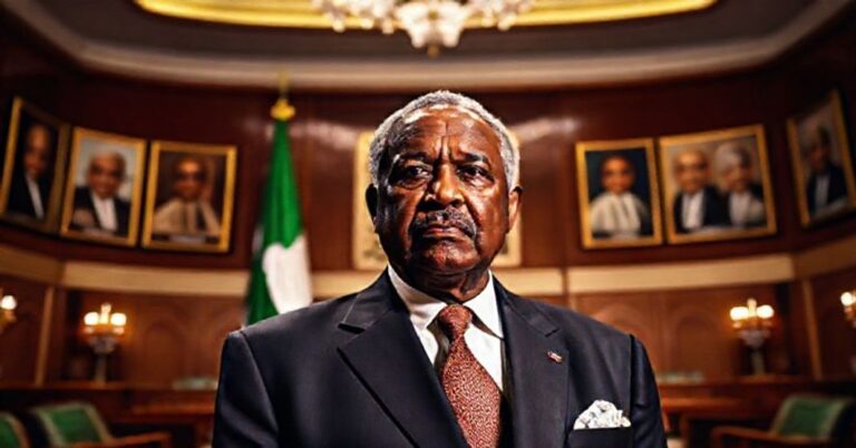 Portret prezydenta Ismaila Omara Guelleha w pomieszczeniu rządowym z flagą i dokumentami konstytucyjnymi na tle.