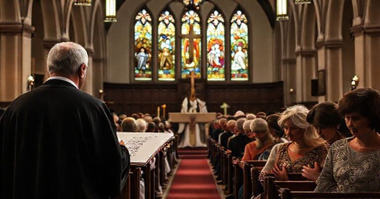 Tradycyjny katolicki wnętrze kościoła podczas Mszy św. za dar potomstwa, z duchownym w sutannie i modlącymi się parami.