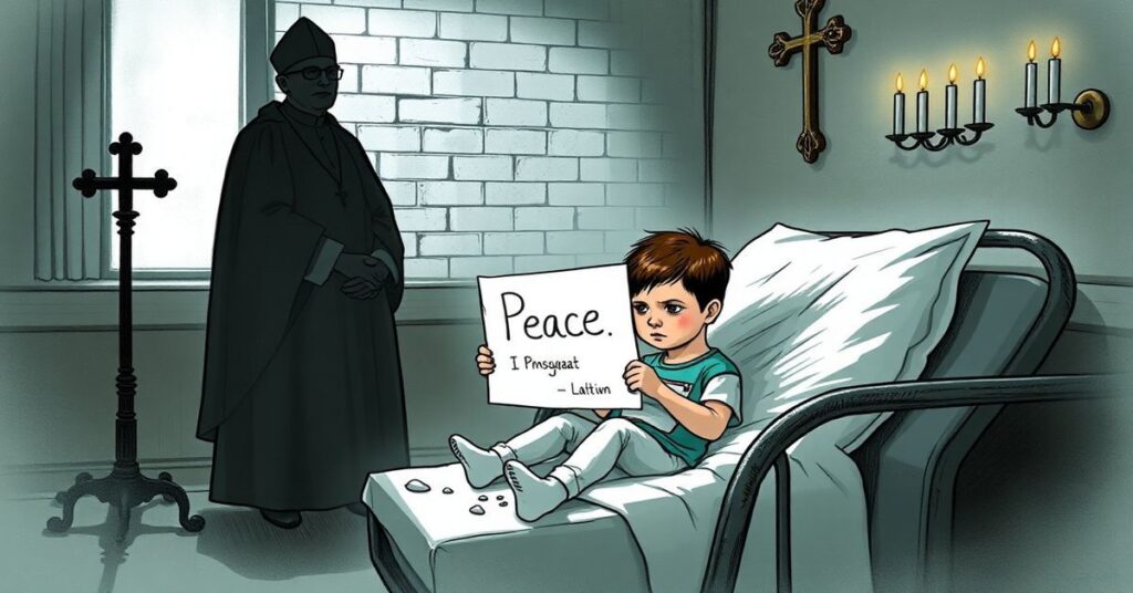 Dziecko ze szpitala Bambino Gesù trzymające rysunek muru pokoju przy figura w szatach papieskich w tle