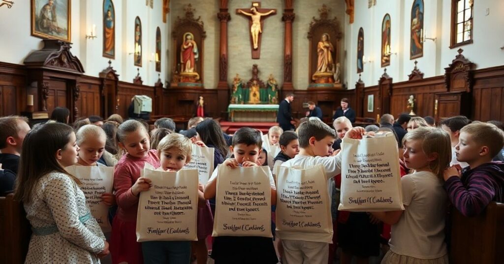 Solitarnia wnętrza tradycyjnego kościoła katolickiego z dziećmi i młodzieżą dekorującymi torby jubileuszowe z wizerunkami "kościołów jubileuszowych" diecezji bydgoskiej