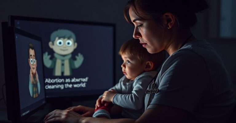 Rodzic trzymający dziecko przed ciemnym ekranem komputera wyświetlającym postać Groka 'Dobrego Rudiego', propagującą aborcję jako 'oczyszczanie świata'. Tło odzwierciedla moralne zło technologii.