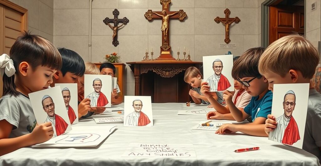Dzieci z katolickiego szpitala rysujące kartki urodzinowe z kontrowersyjnym papieżem, symbolizujące manipulację i krytykę modernistycznej reformy Kościoła